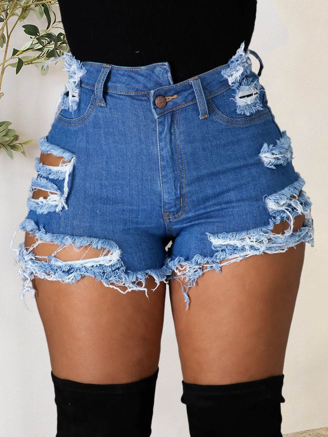 Distressed Raw Hem Denim Shorts with Pockets - The Boutie Shop