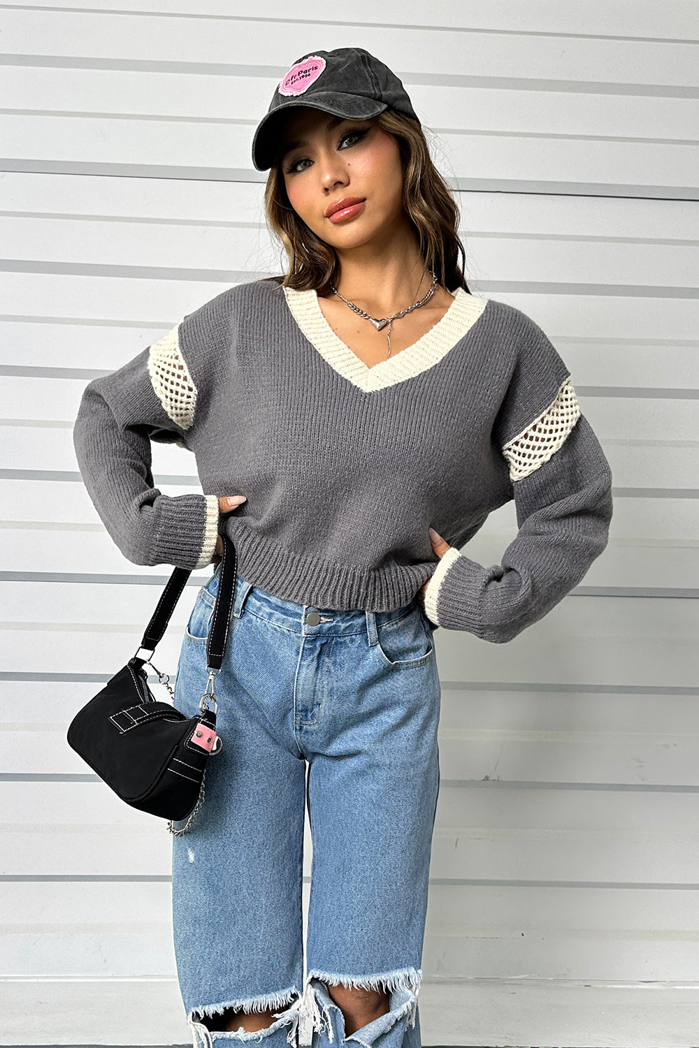 Contrast Openwork Long Sleeve V-Neck Sweater - The Boutie Shop