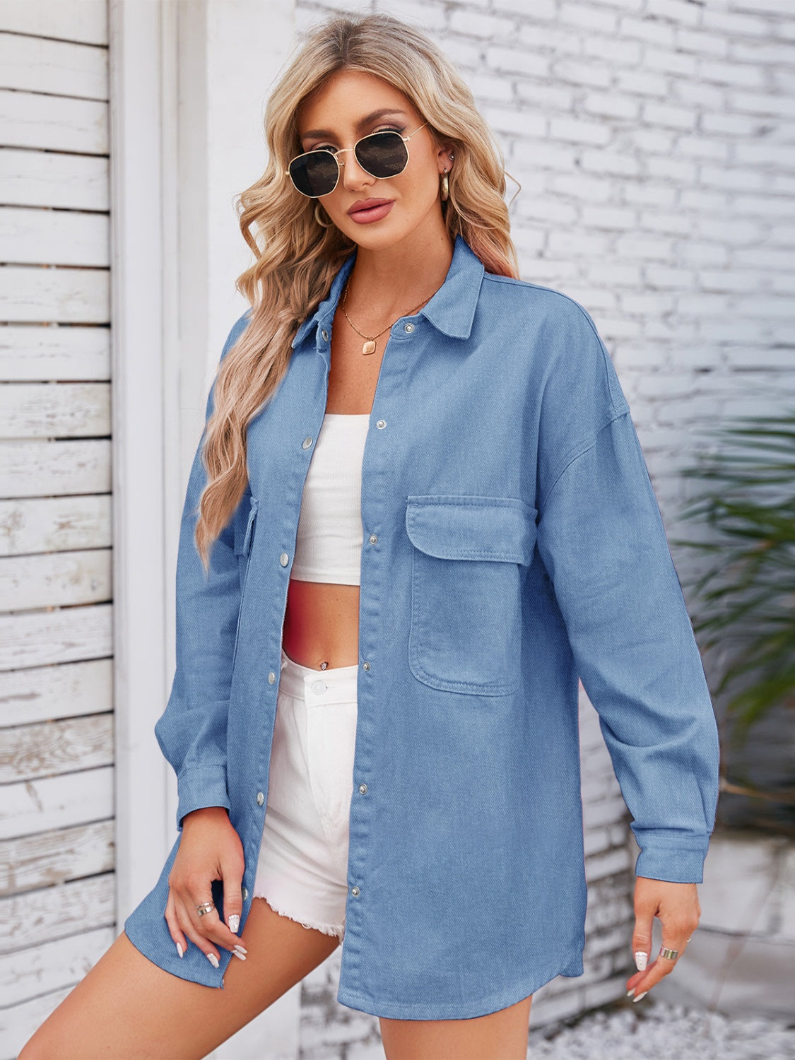 Pocketed Snap Down Dropped Shoulder Denim Shacket - The Boutie Shop