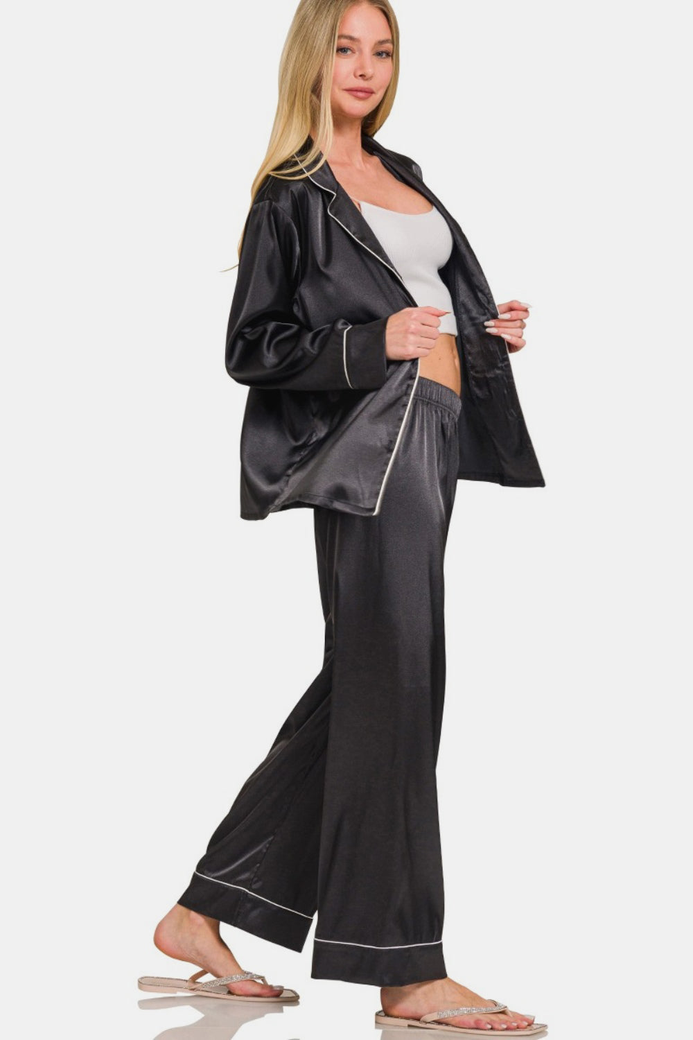 Zenana Satin Long Sleeve Shirt and Pants Pajama Set - The Boutie Shop