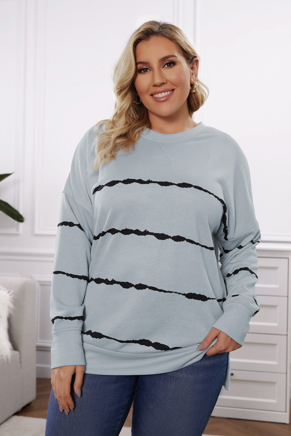 Plus Size Round Neck Dropped Shoulder Sweatshirt - The Boutie Shop