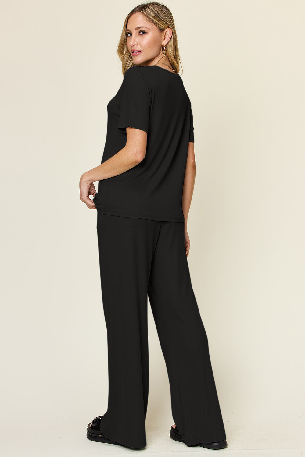 Double Take Full Size Round Neck Short Sleeve T-Shirt and Wide Leg Pants Set - The Boutie Shop