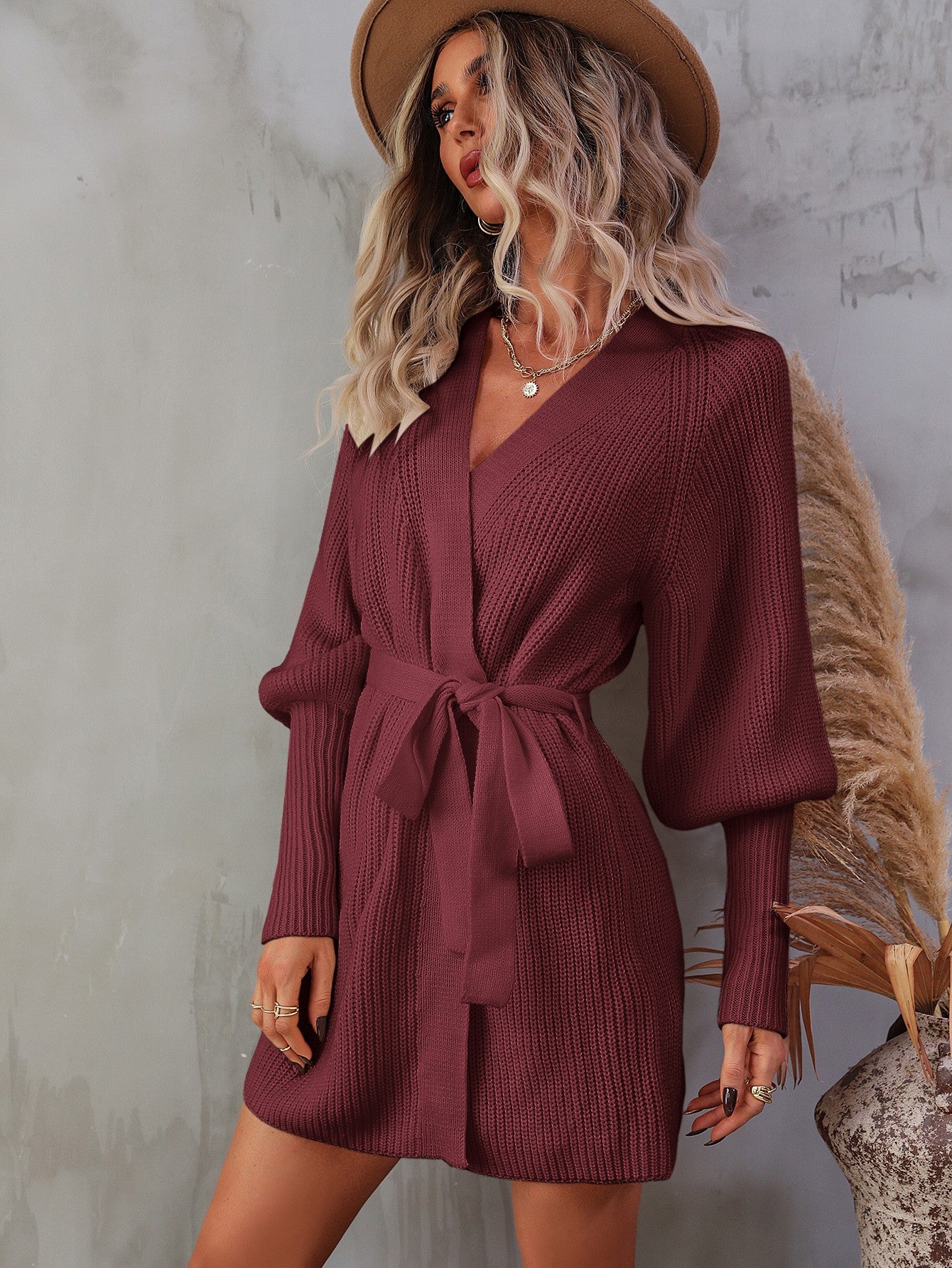 Belted Surplice Lantern Sleeve Wrap Sweater Dress - The Boutie Shop