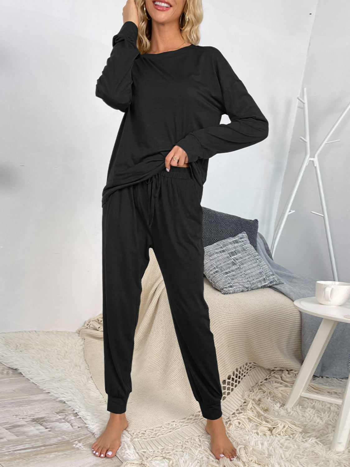 Shiny Round Neck Top and Drawstring Pants Lounge Set - The Boutie Shop