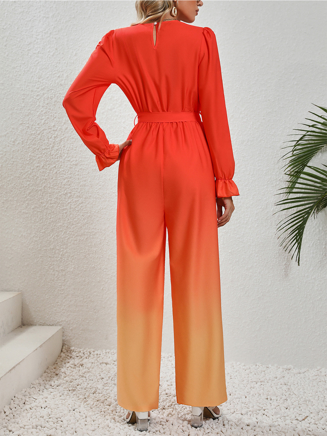 Honey Gradient Tie Front Flounce Sleeve Jumpsuit - The Boutie Shop