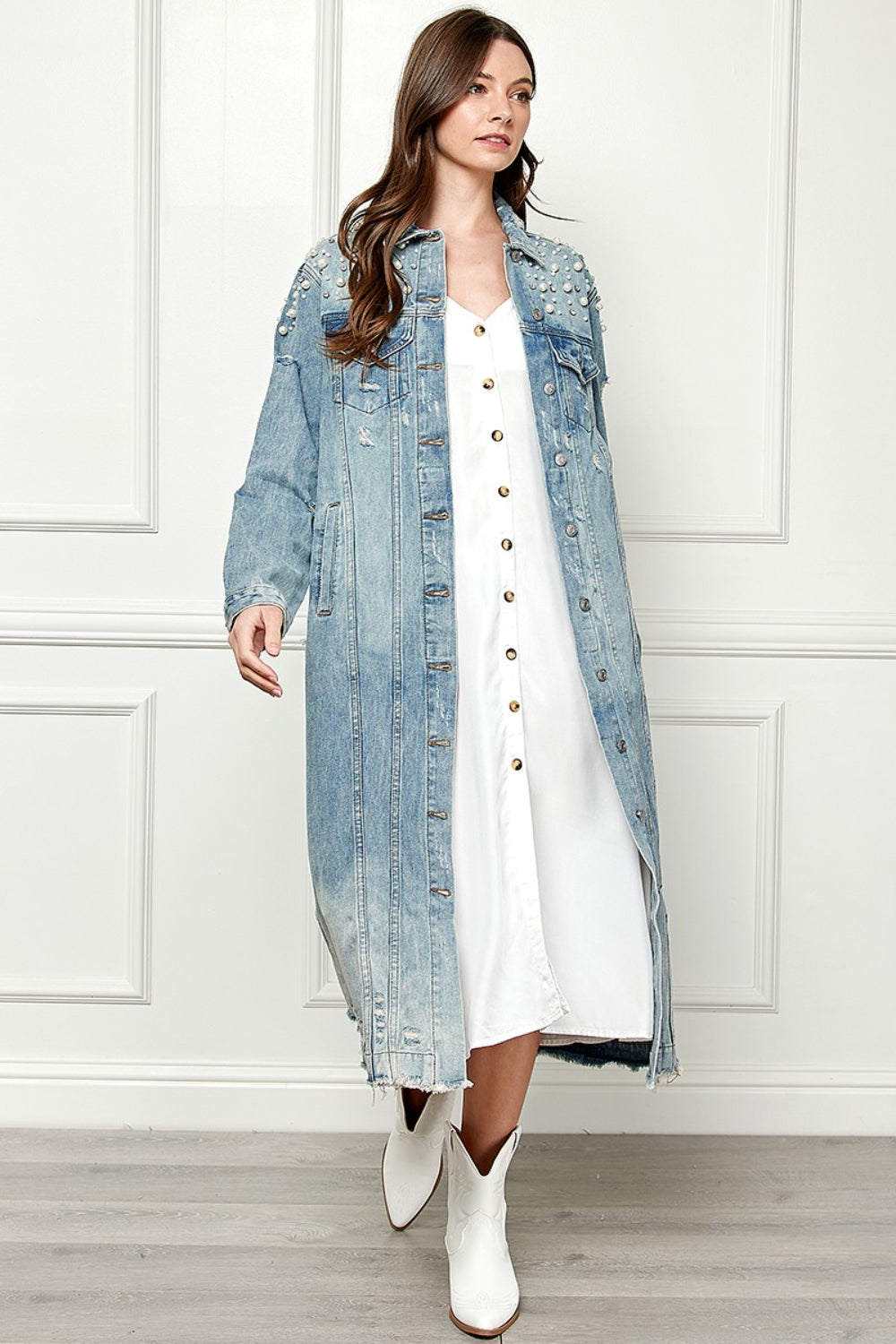 Veveret Full Size Distressed Raw Hem Pearl Detail Button Up Jacket - The Boutie Shop