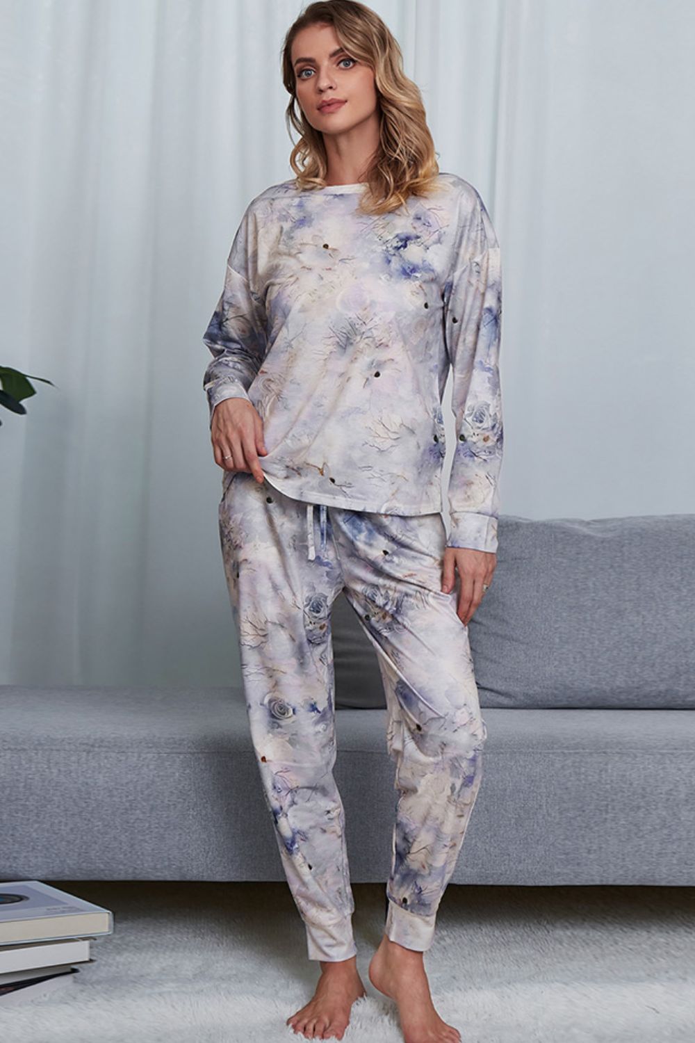 Shiny Tie-Dye Crewneck Top and Drawstring Waist Joggers Lounge Set - The Boutie Shop