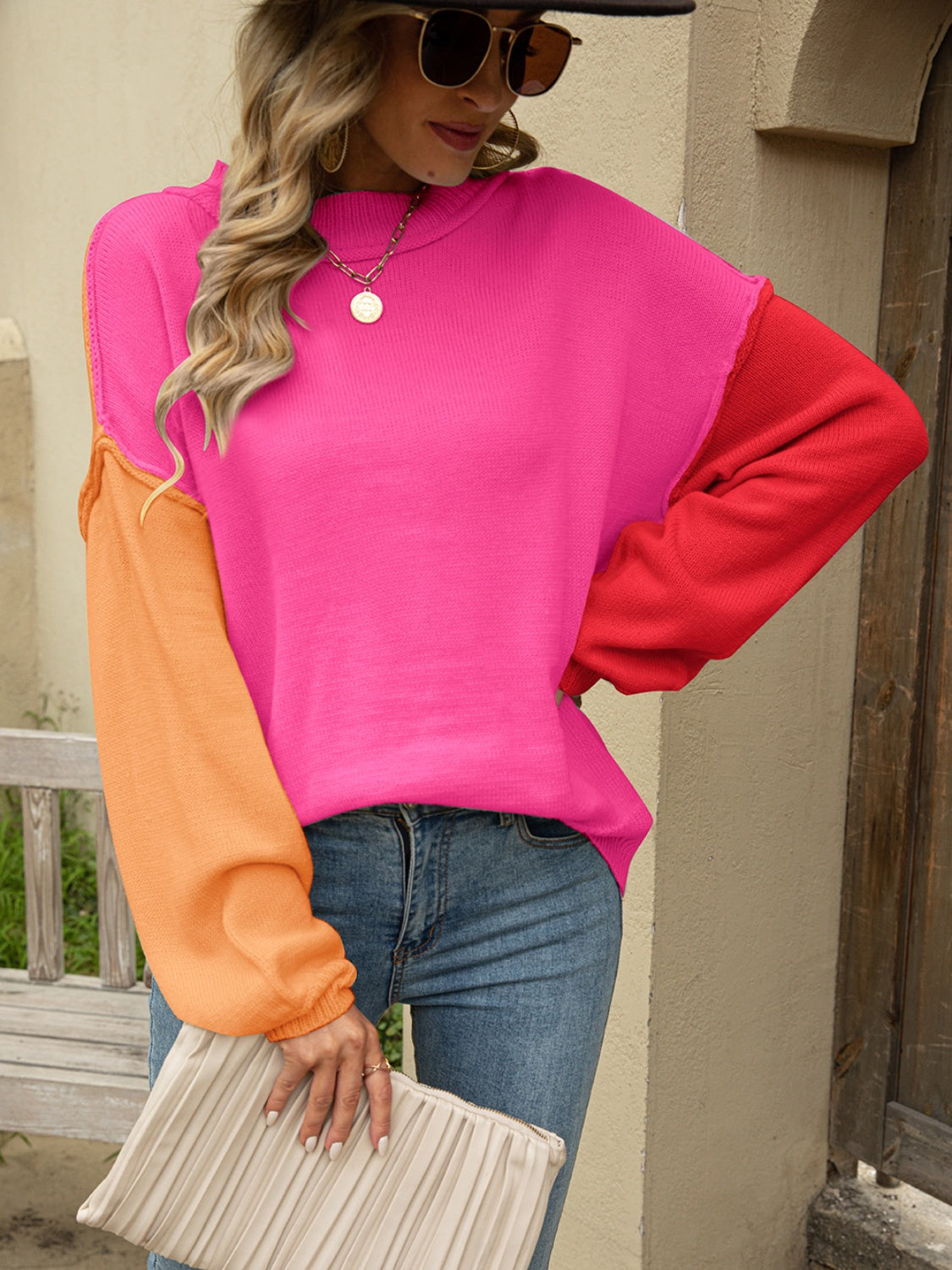 Angel Wings Color Block Dropped Shoulder Sweater - The Boutie Shop