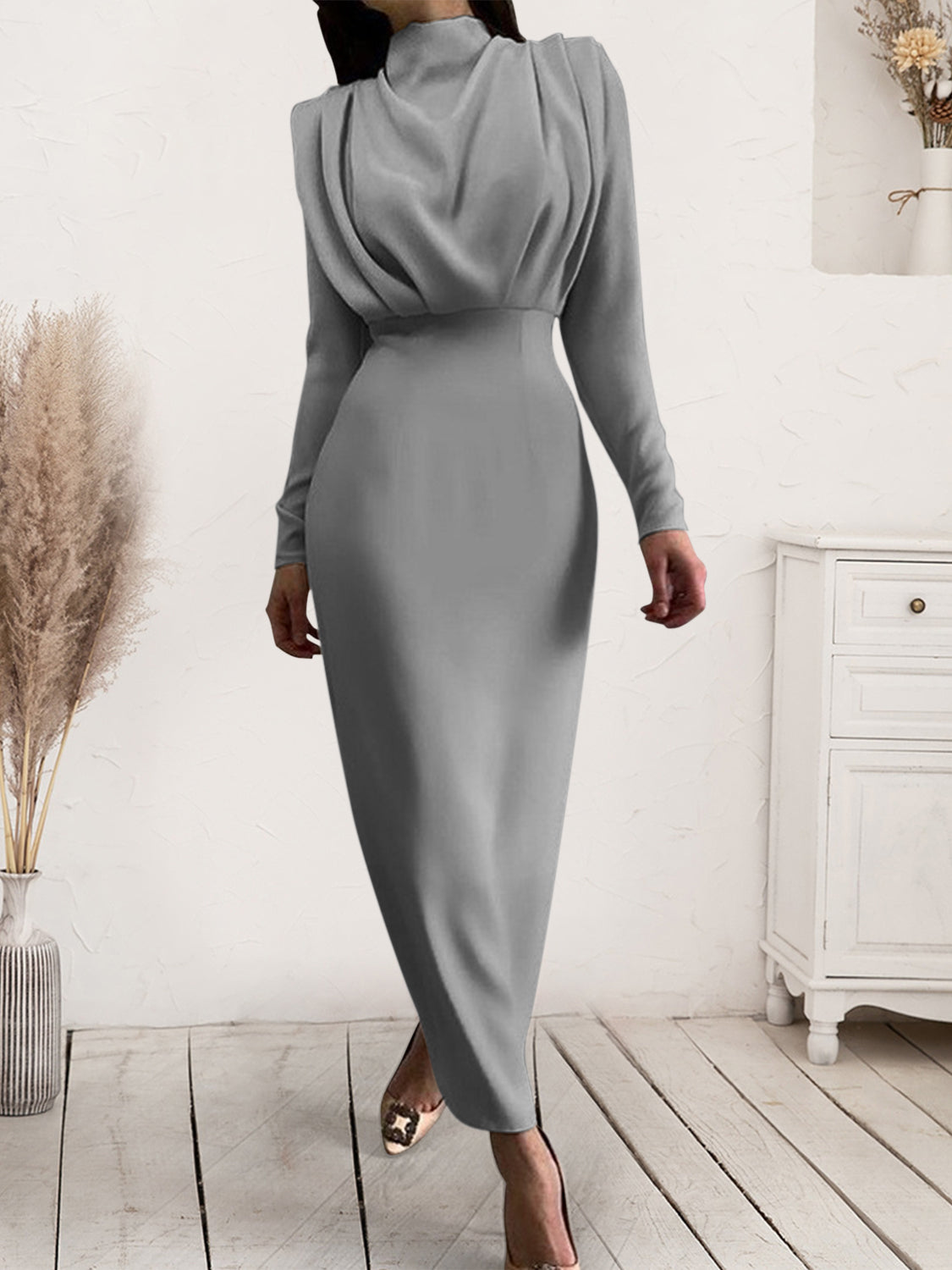 Ruched Turtleneck Long Sleeve Dress - The Boutie Shop