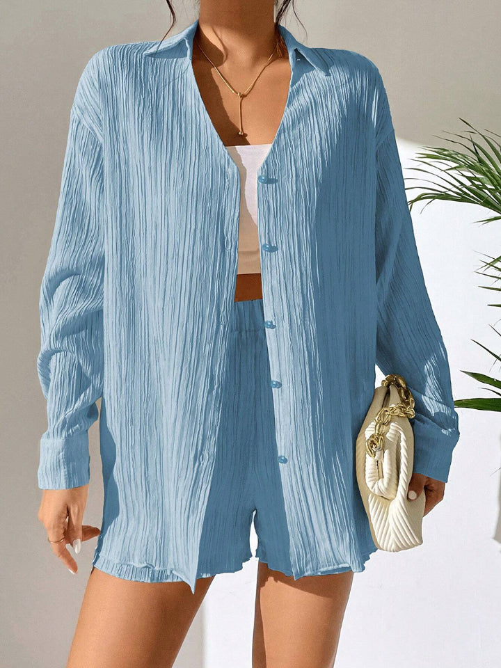 Textured Buttoned Shirt and Shorts Set - The Boutie Shop