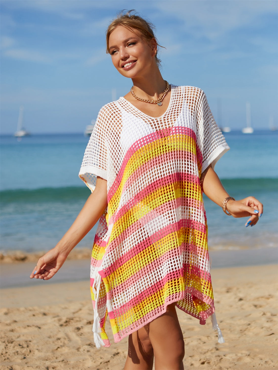 Angel Wings Cutout Striped Cover-Up with Tassel - The Boutie Shop