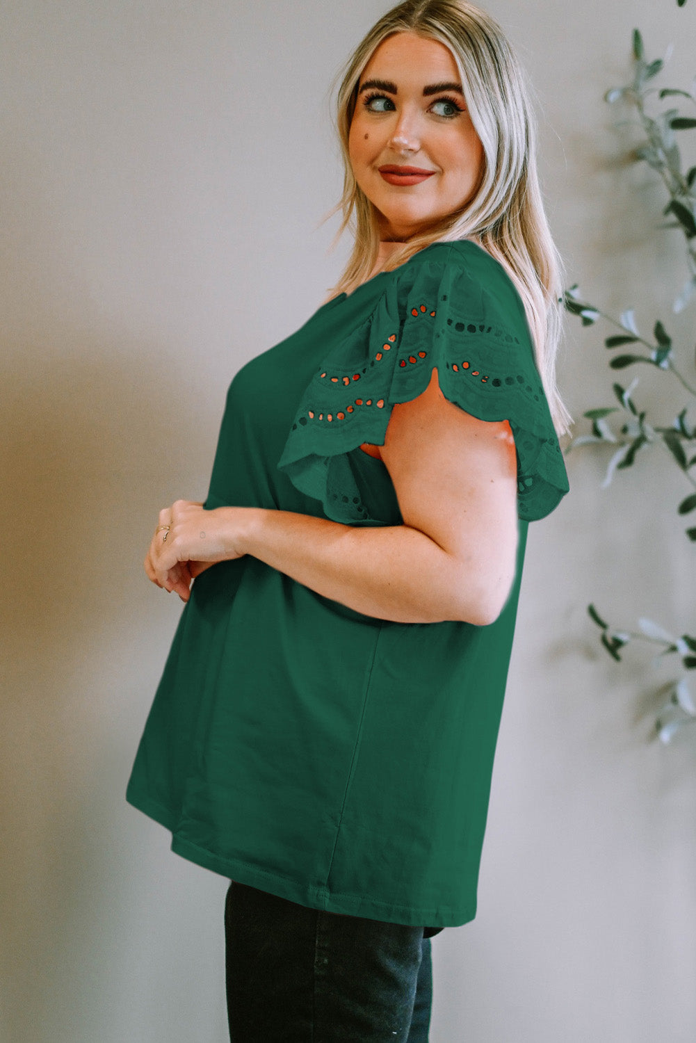 Plus Size Eyelet Round Neck Short Sleeve Blouse - The Boutie Shop