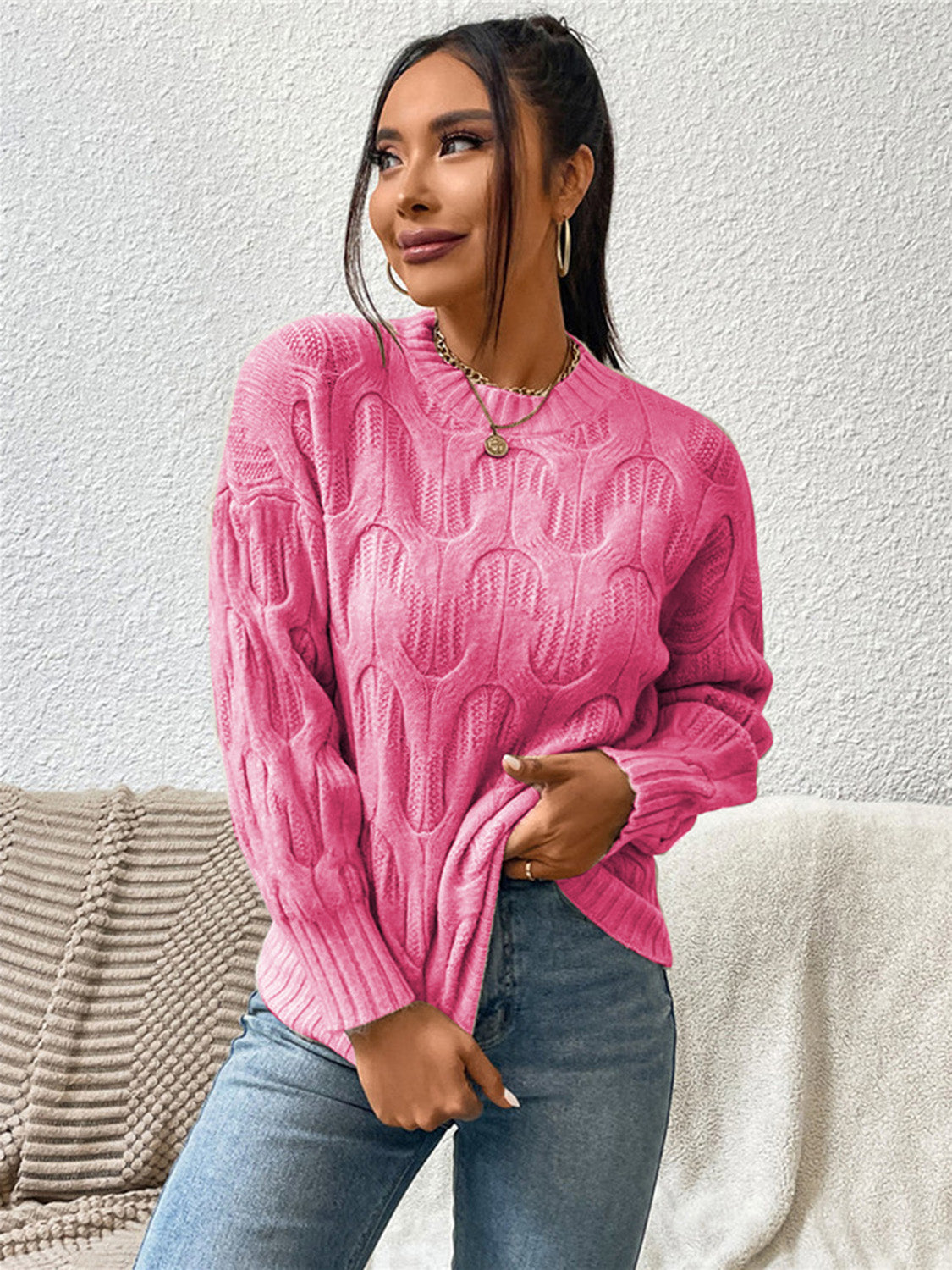 Round Neck Long Sleeve Sweater - The Boutie Shop