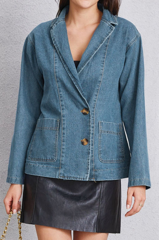 Pocketed Button Up Denim Jacket - The Boutie Shop