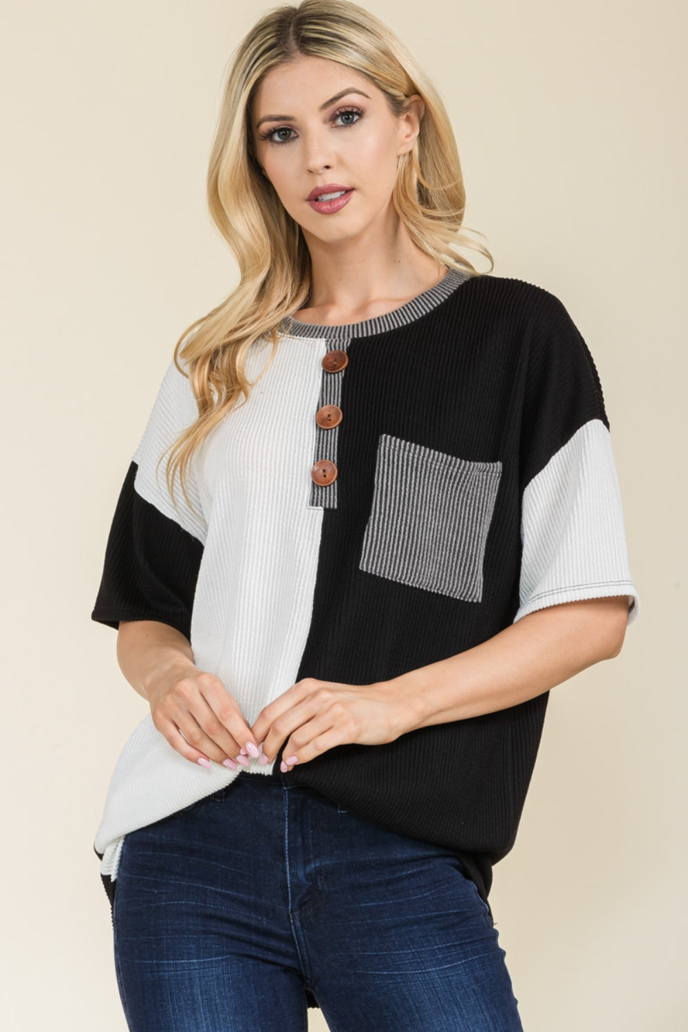 Celeste Full Size Ribbed Color Block Short Sleeve T-Shirt - The Boutie Shop