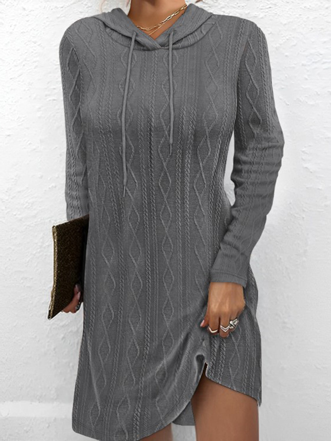 Textured Drawstring Long Sleeve Hooded Dress - The Boutie Shop