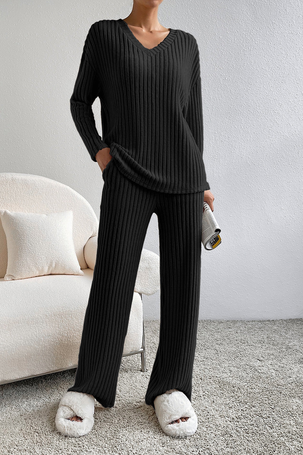 Ribbed V-Neck Top and Pants Lounge Set - The Boutie Shop