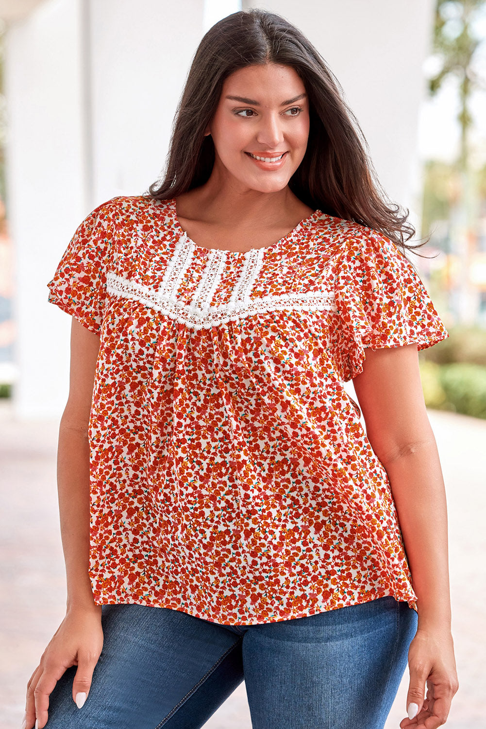 Plus Size Floral Lace Trim Round Neck Blouse - The Boutie Shop