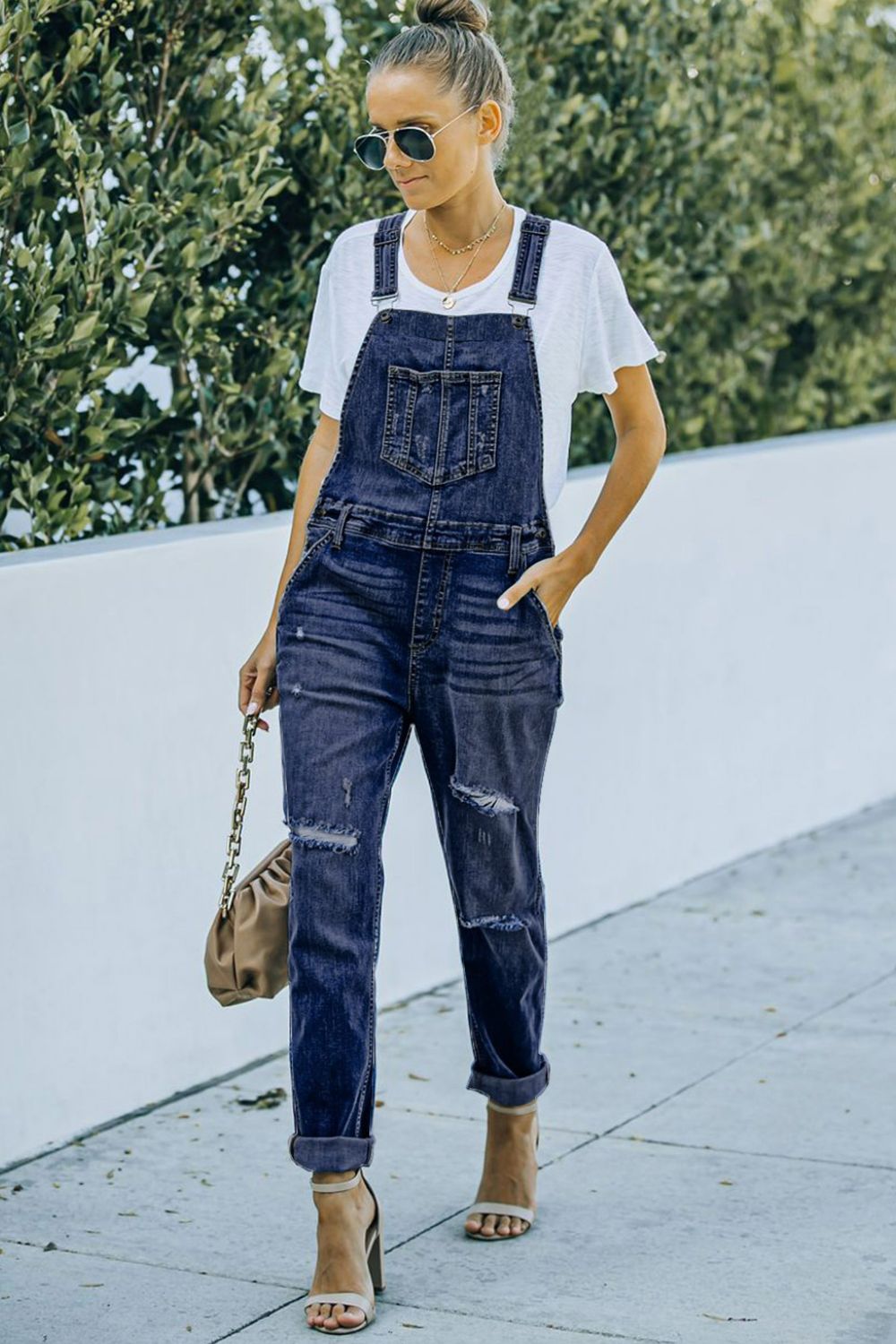 Pocketed Distressed Denim Overalls - The Boutie Shop