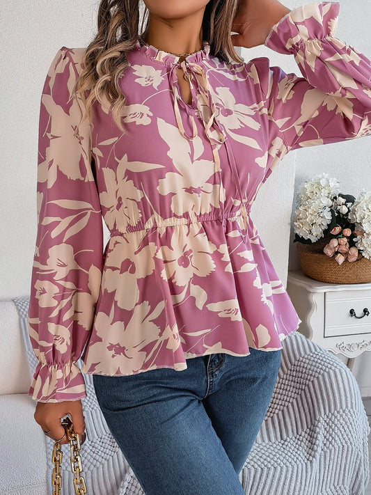 Printed Tie Neck Flounce Sleeve Blouse - The Boutie Shop