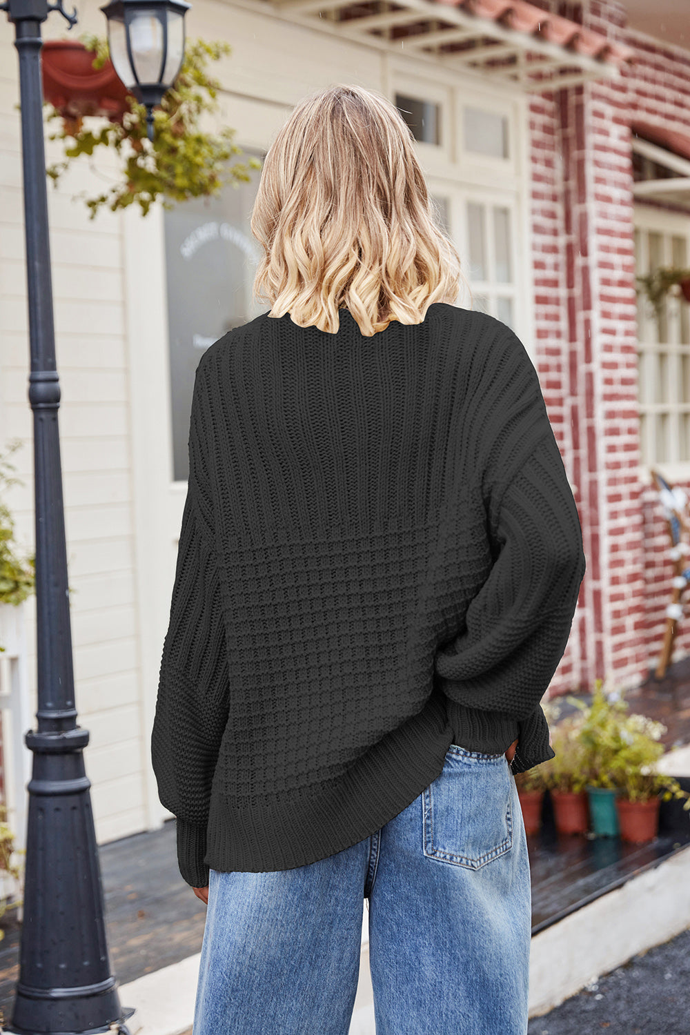 Ribbed Drop Shoulder Lantern Sleeve Sweater - The Boutie Shop