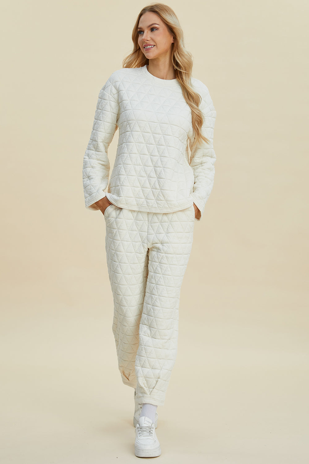 Double Take Full Size Texture Round Neck Long Sleeve Top and Pants Set - The Boutie Shop