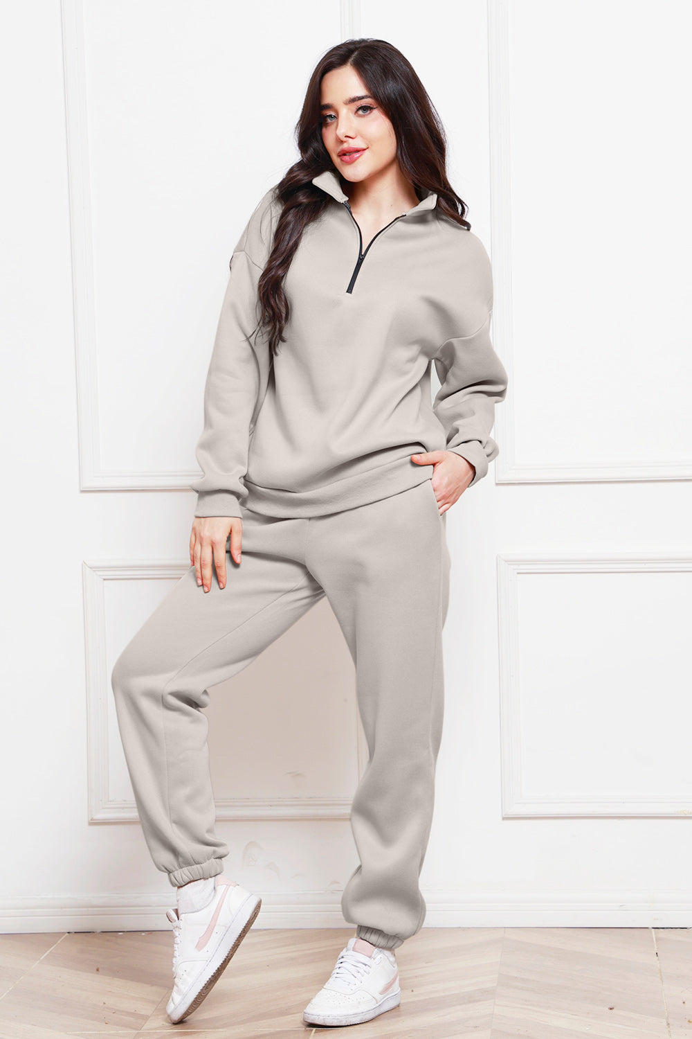 Half Zip Long Sleeve Sweatshirt and Pants Set - The Boutie Shop