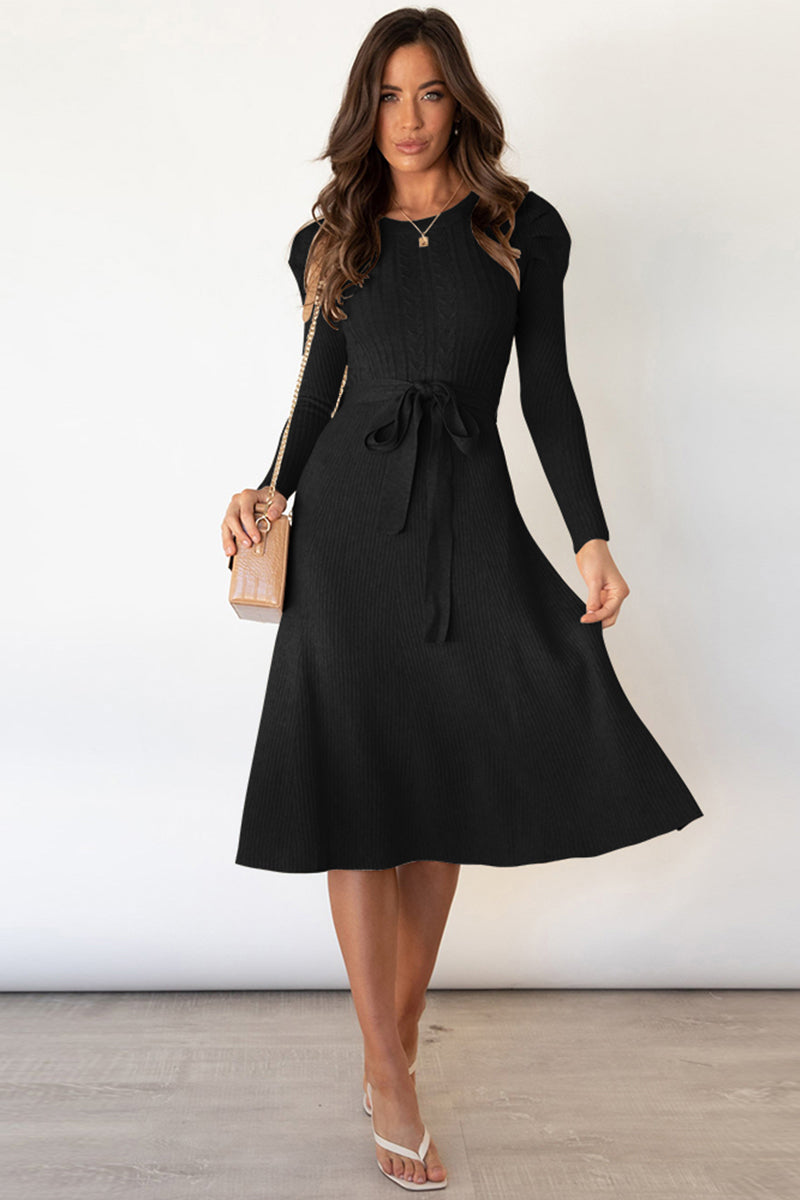 Round Neck Long Sleeve Tie Waist Sweater Dress - The Boutie Shop