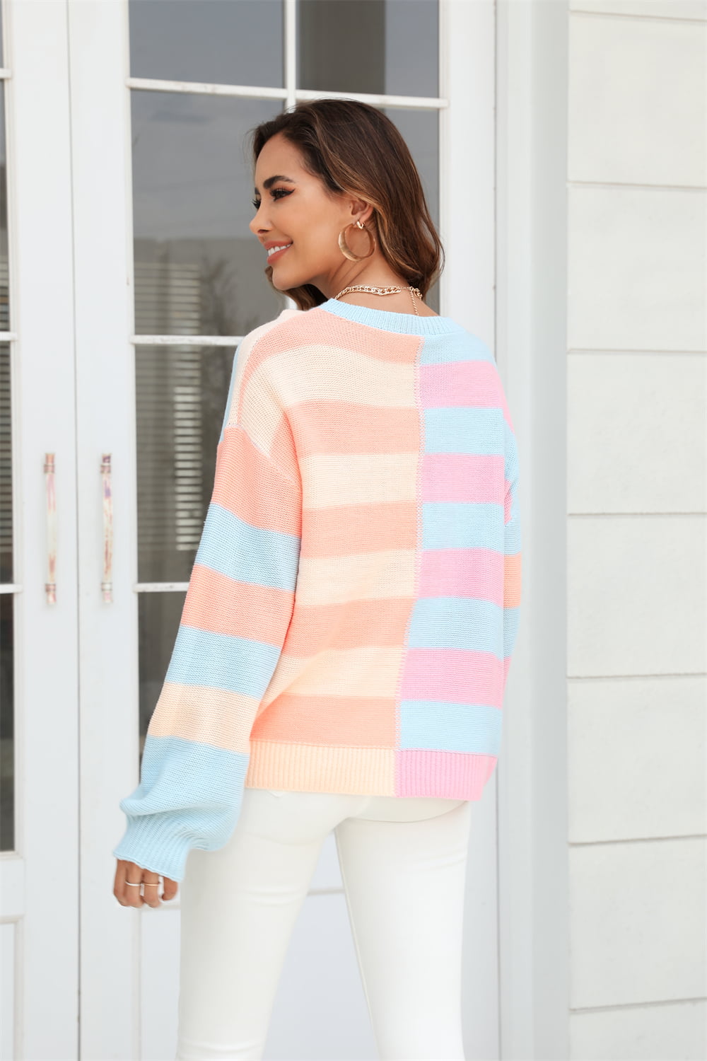 Angel Wings Round Neck Long Sleeve Color Block Dropped Shoulder Pullover Sweater - The Boutie Shop