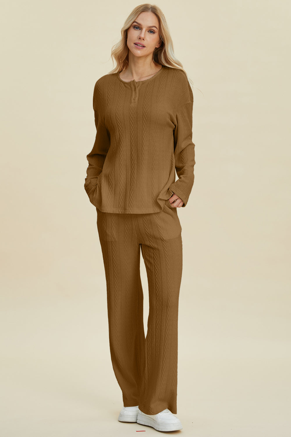 Double Take Full Size Cable-Knit Long Sleeve Top and Pants Set - The Boutie Shop