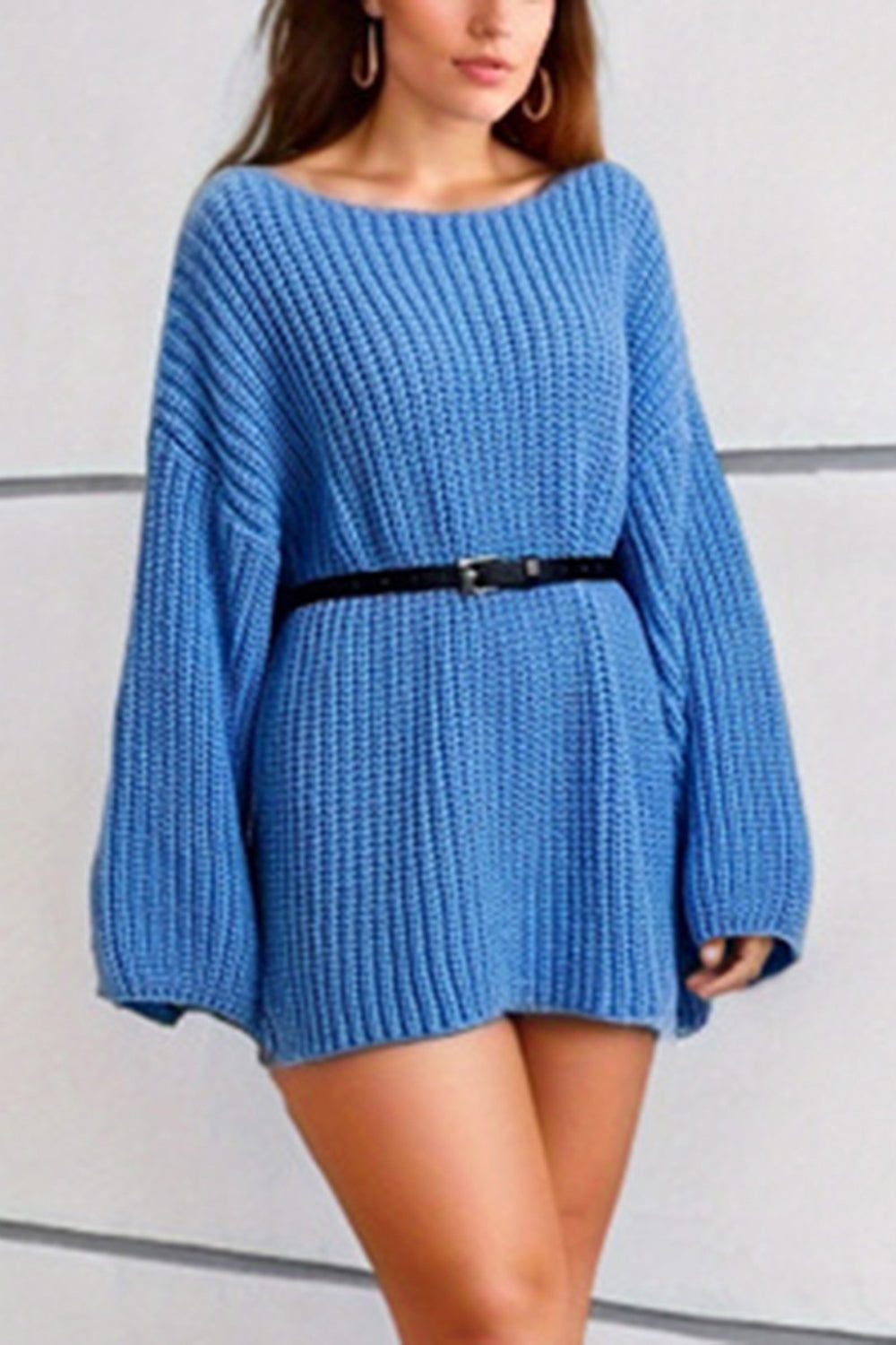 Boat Neck Dropped Shoulder Mini Sweater Dress - The Boutie Shop