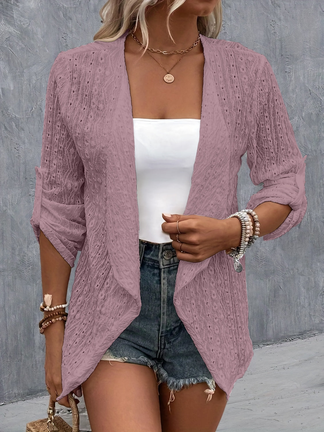 Eyelet Roll-Tab Sleeve Cardigan - The Boutie Shop