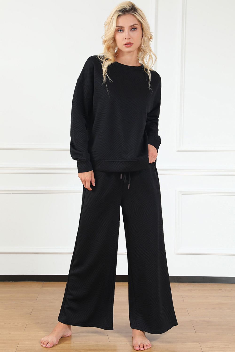 Double Take Full Size Textured Long Sleeve Top and Drawstring Pants Set - The Boutie Shop