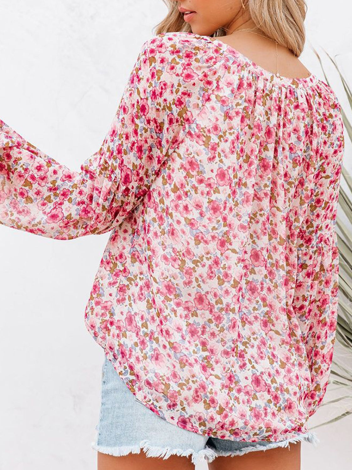 Floral Notched Balloon Sleeve Blouse - The Boutie Shop