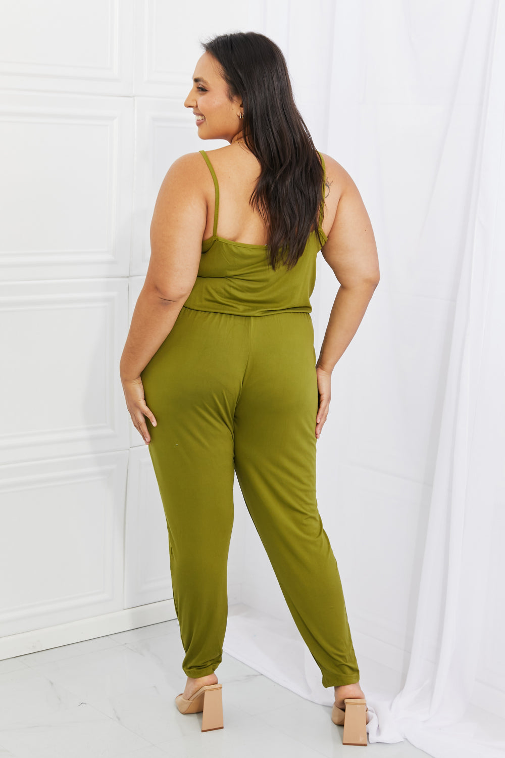 Capella Comfy Casual Full Size Solid Elastic Waistband Jumpsuit in Chartreuse - The Boutie Shop