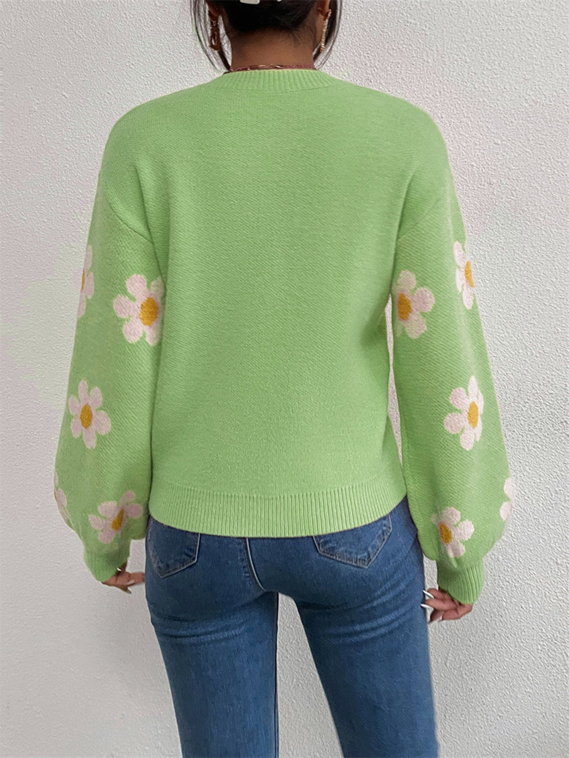 Flower Round Neck Latern Sleeve Sweater - The Boutie Shop