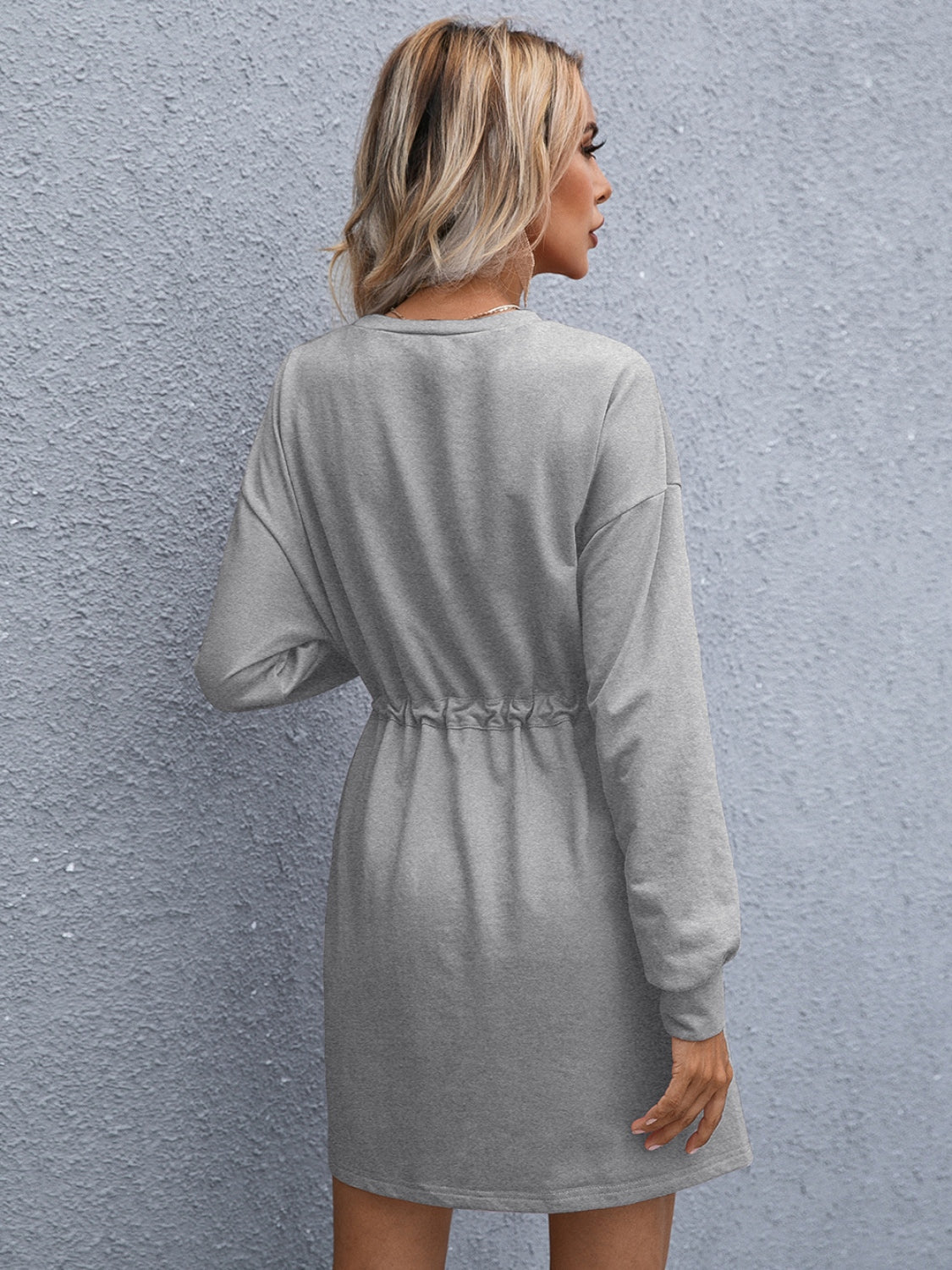 Ivy Lane Drawstring Round Neck Dropped Shoulder Mini Dress - The Boutie Shop