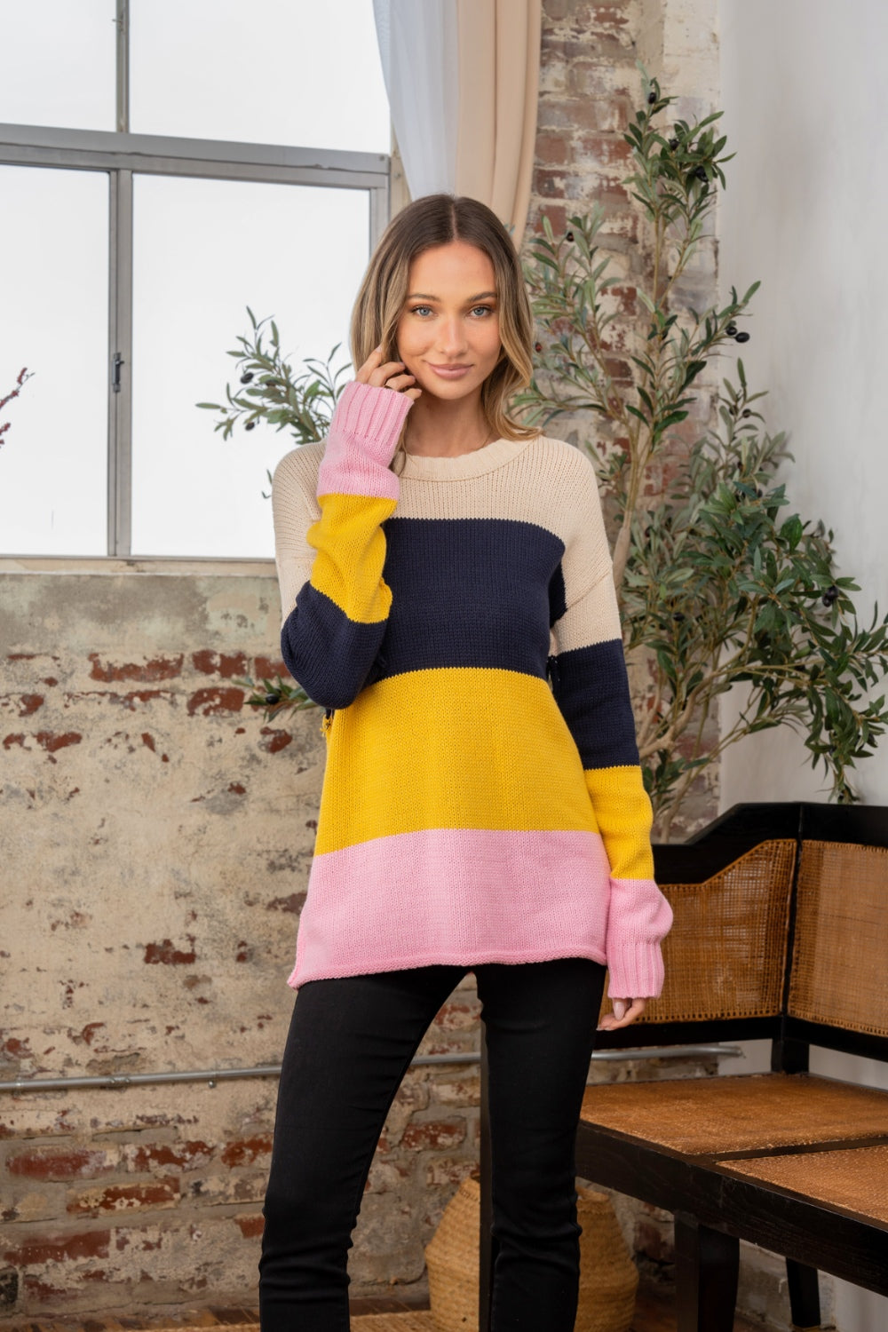 Sew In Love Full Size Color Block Exposed Seam Sweater - The Boutie Shop