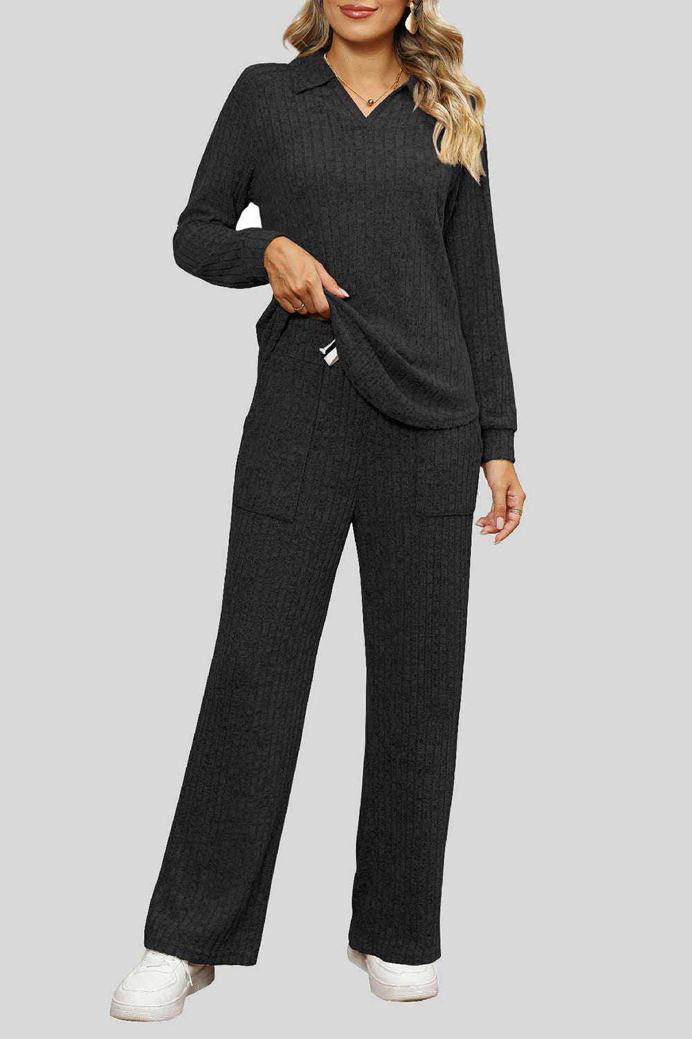 Ribbed Long Sleeve Top and Pocketed Pants Set - The Boutie Shop