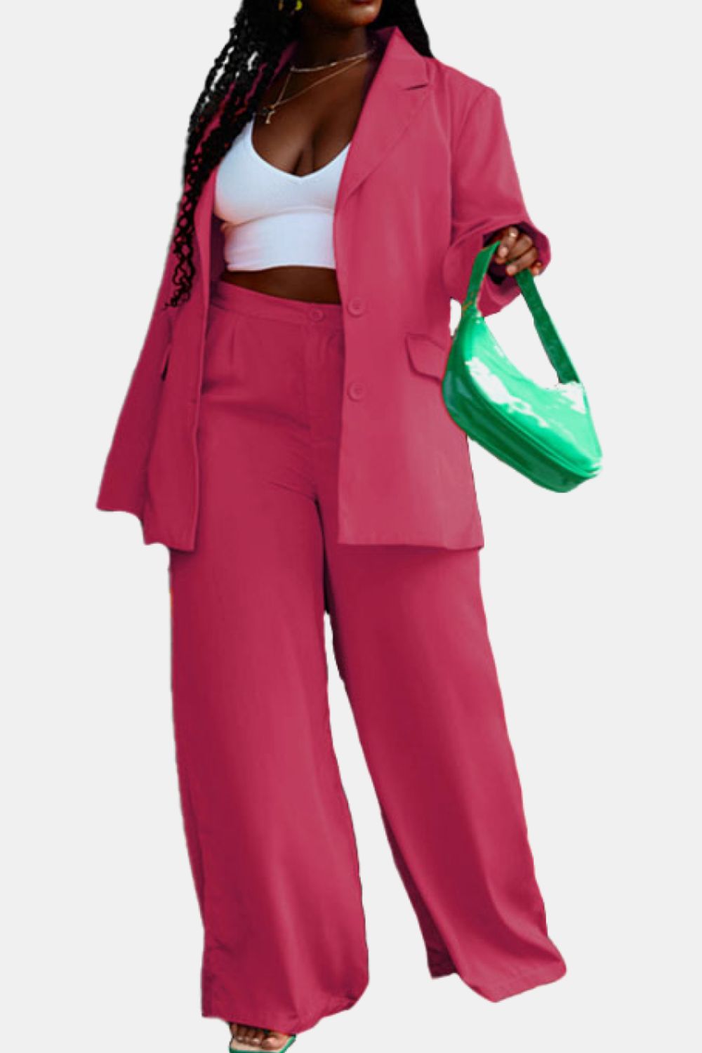 Lapel Collar Buttoned Blazer and Long Pants Set - The Boutie Shop