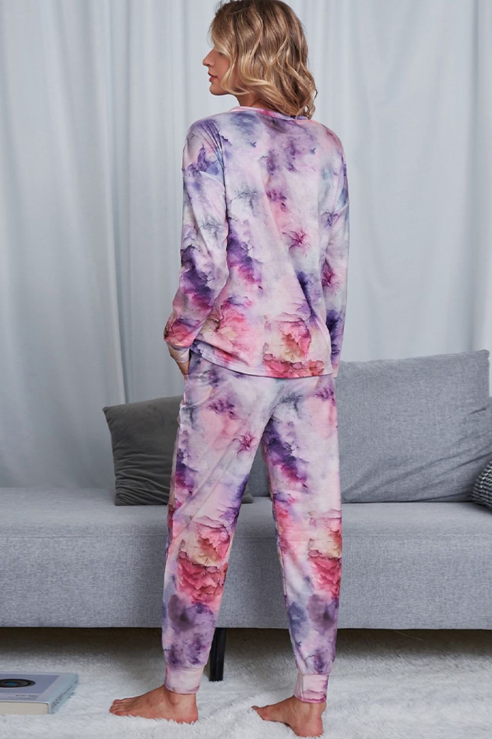 Shiny Tie-Dye Crewneck Top and Drawstring Waist Joggers Lounge Set - The Boutie Shop