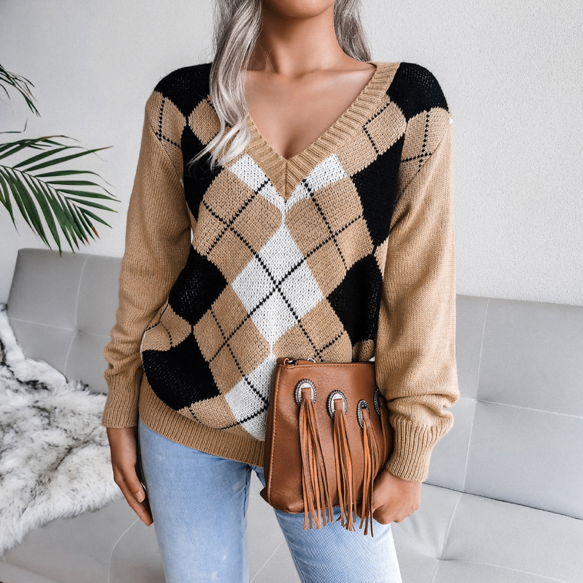 Geometric V-Neck Sweater - The Boutie Shop