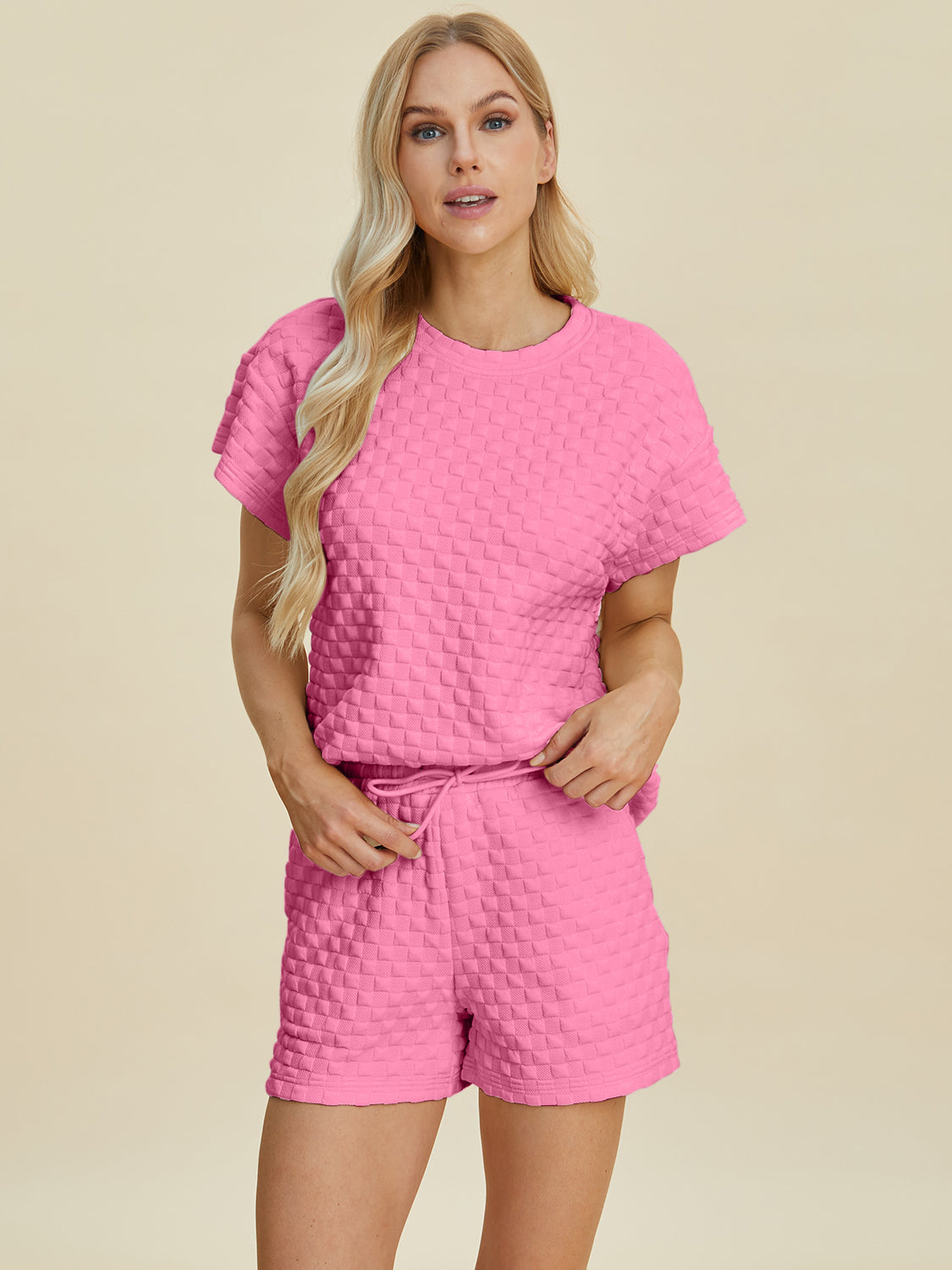 Double Take Full Size Texture T-Shirt and Shorts Set - The Boutie Shop