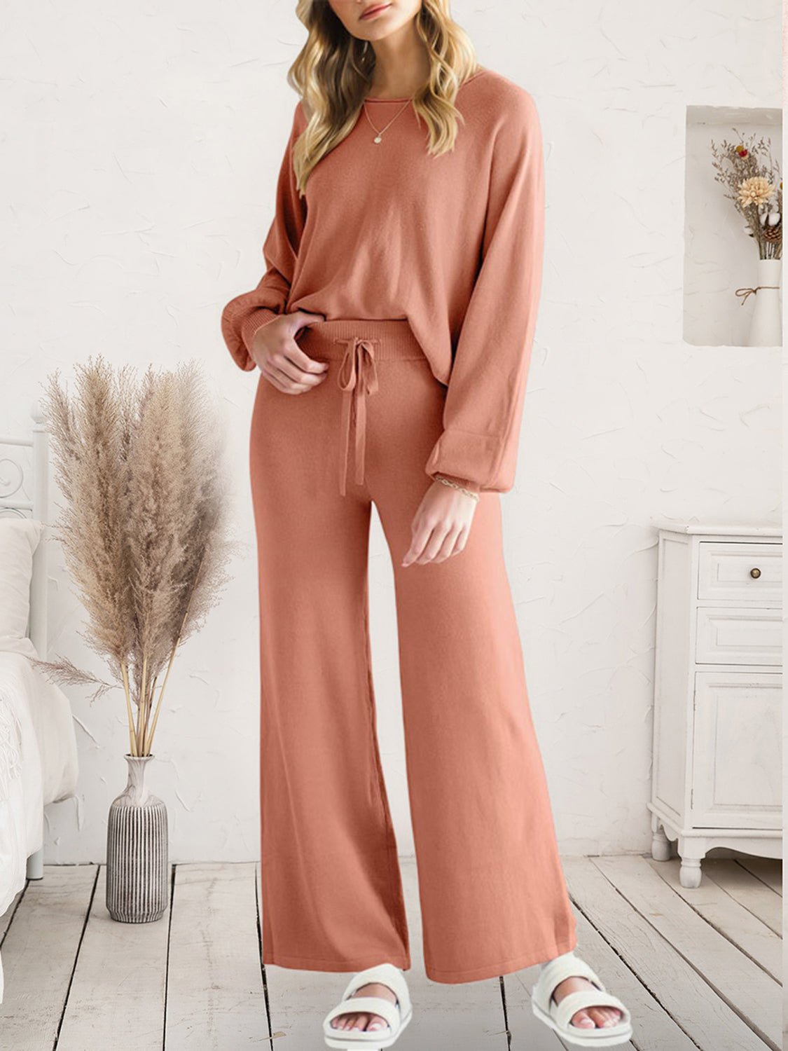 Long Sleeve Lounge Top and Drawstring Pants Set - The Boutie Shop