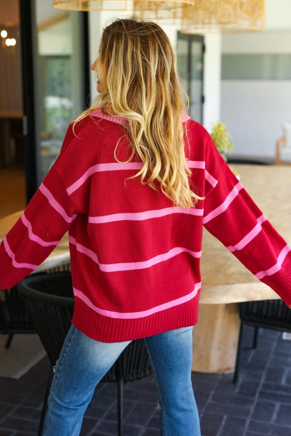 Haptics Collared Neck Striped Contrast Sweater - The Boutie Shop