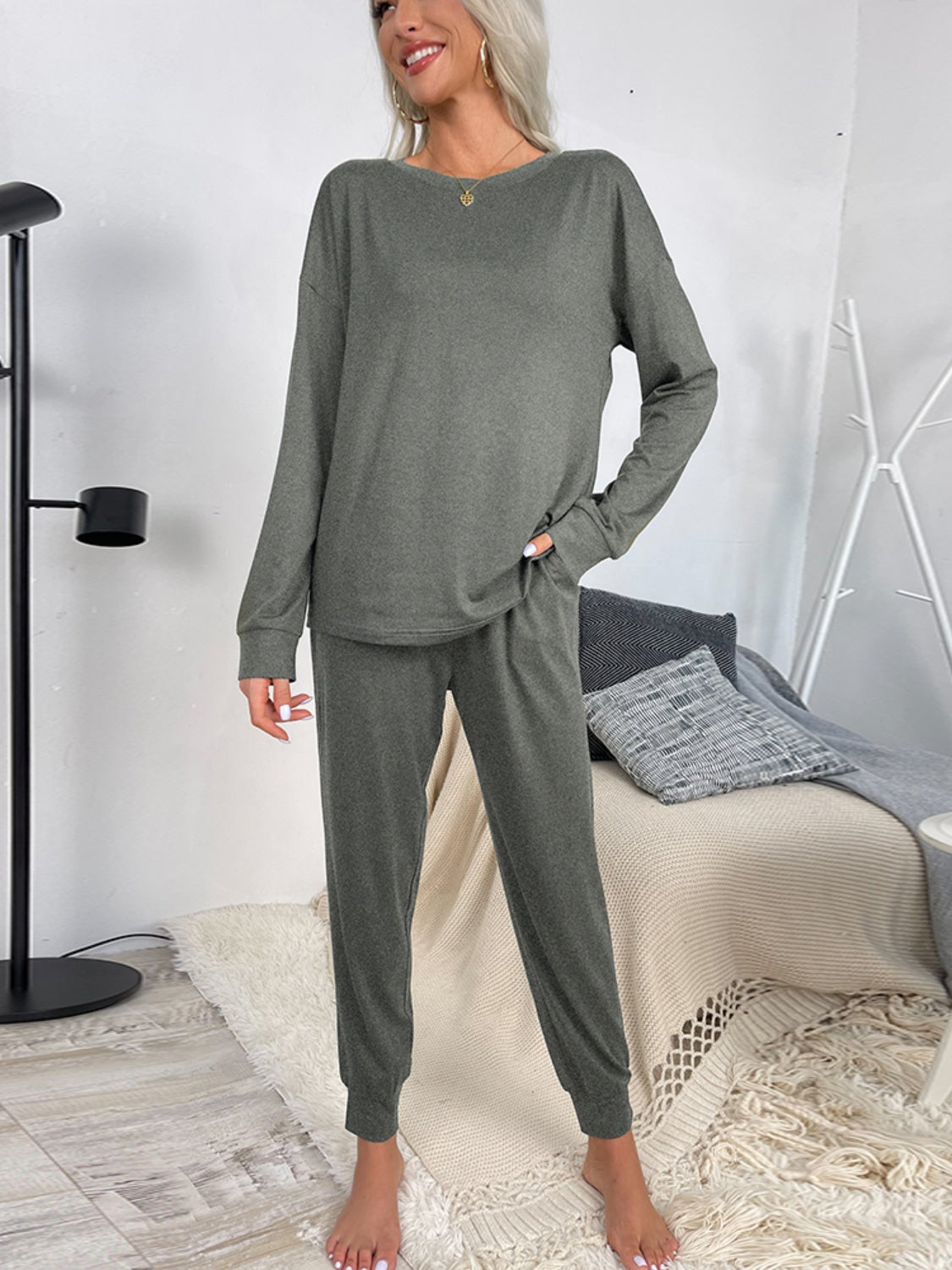 Shiny Round Neck Top and Drawstring Pants Lounge Set - The Boutie Shop