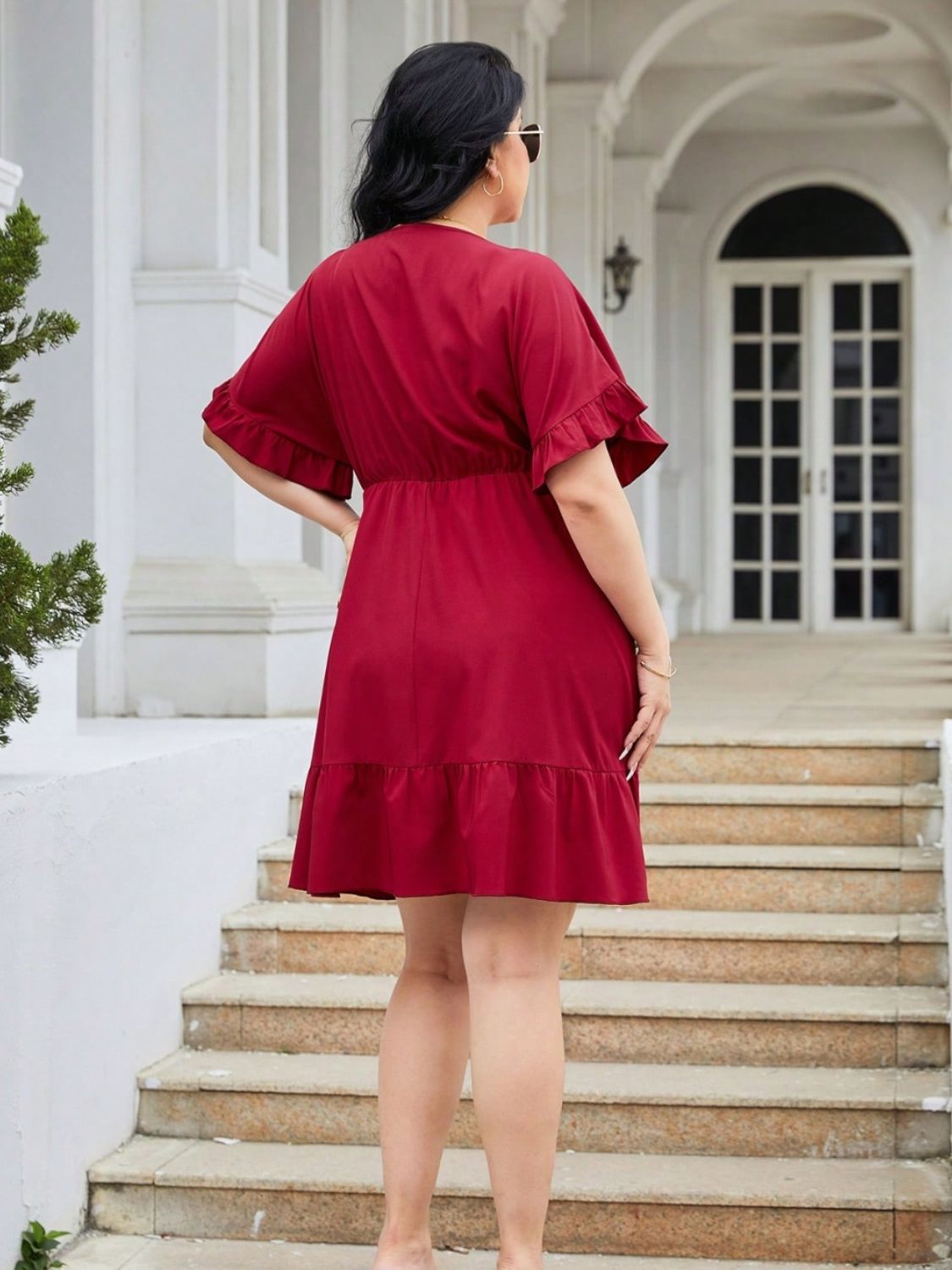 Plus Size Ruched Surplice Flounce Sleeve Mini Dress - The Boutie Shop