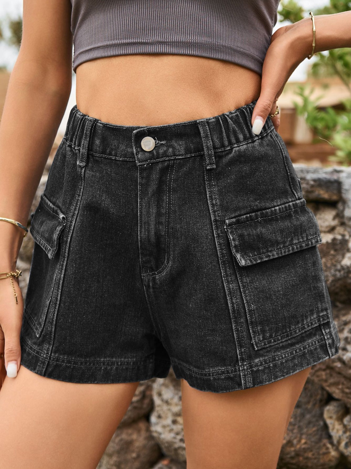 High Waist Denim Shorts with Pockets - The Boutie Shop