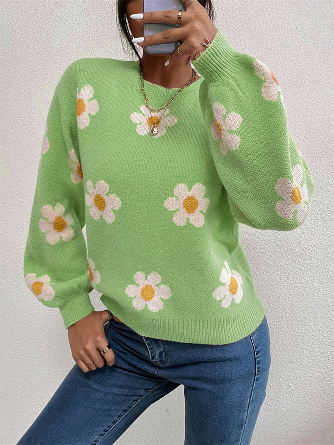 Flower Round Neck Latern Sleeve Sweater - The Boutie Shop