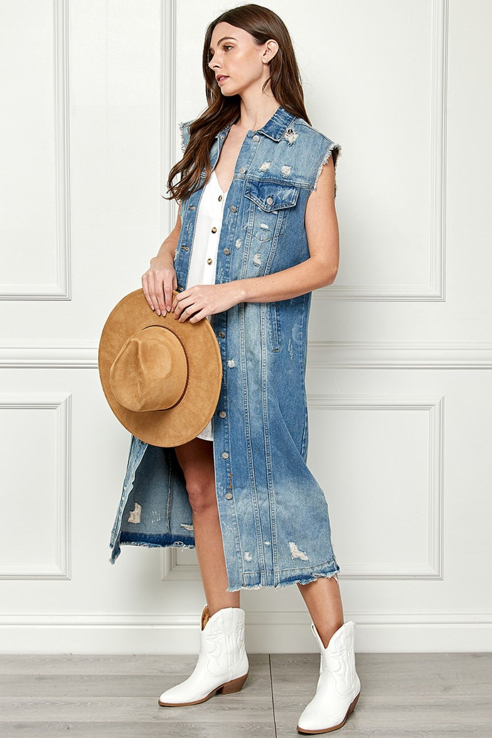 Veveret Full Size Distressed Sleeveless Longline Denim Jacket - The Boutie Shop